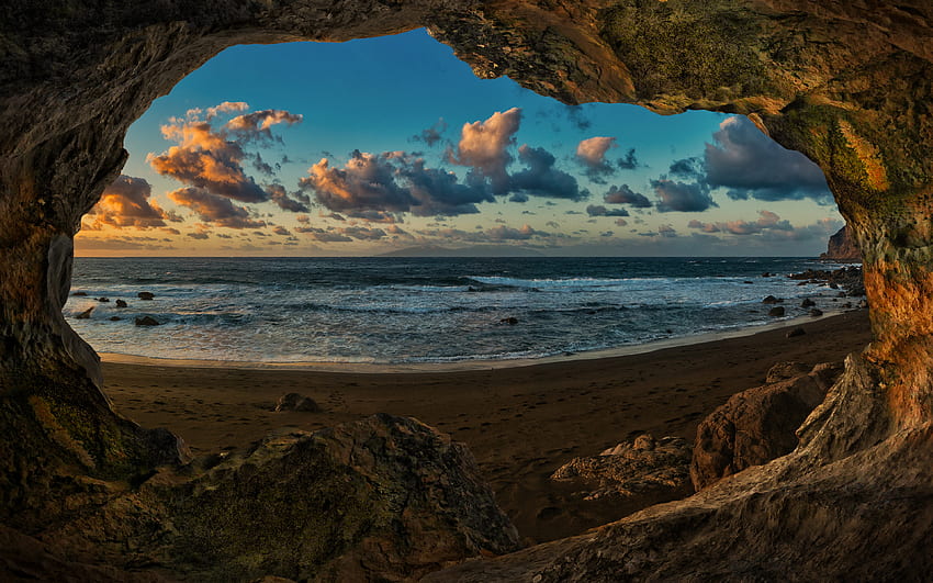 Islas Canarias, puesta de sol, cueva, gruta, acantilados, Gran Canaria, hermosa naturaleza, R, océano Atlántico fondo de pantalla