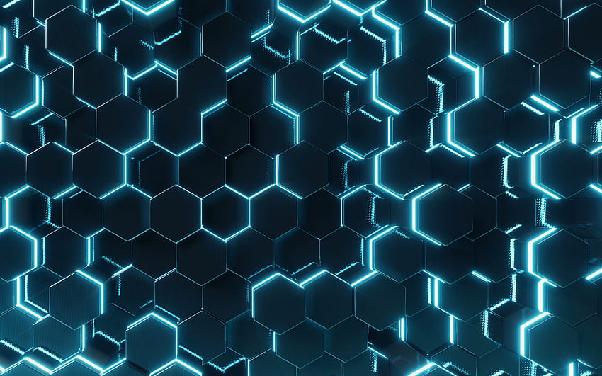 Neonblauer Hintergrund, Hexagon-Neon-3D-Hintergrund, Neon-Abstraktion, Hexagon-Textur, blaue Neonlicht-Abstraktion für mit Auflösung. Hohe Qualität, Neonblau 3D HD-Hintergrundbild
