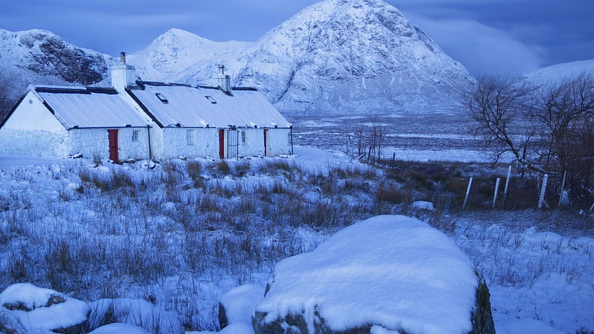 Winter, glencoe, scotland, , cottage, rock, black, Scottish Winter HD wallpaper