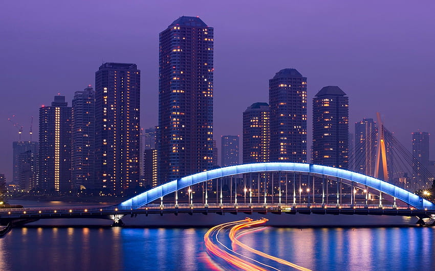 Miasta, morze, noc, połysk, światło, drapacze chmur, most, Tokio Tapeta HD