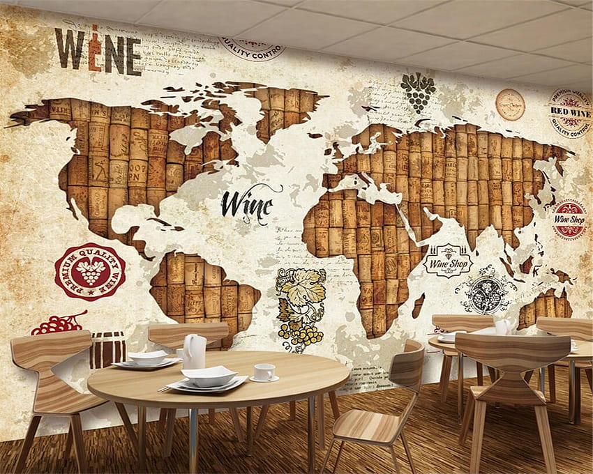装飾的なヴィンテージ世界地図ワイン コルク ワイン バーの背景の壁。 ファブリック & テキスタイル 高画質の壁紙