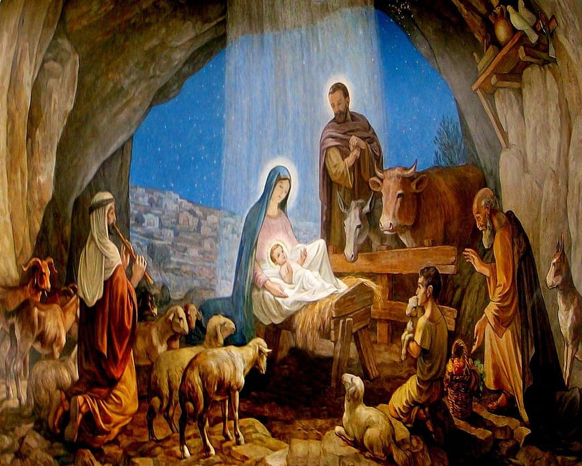 Away In A Manger, manger, sheep, jesus, mary, joseph HD wallpaper