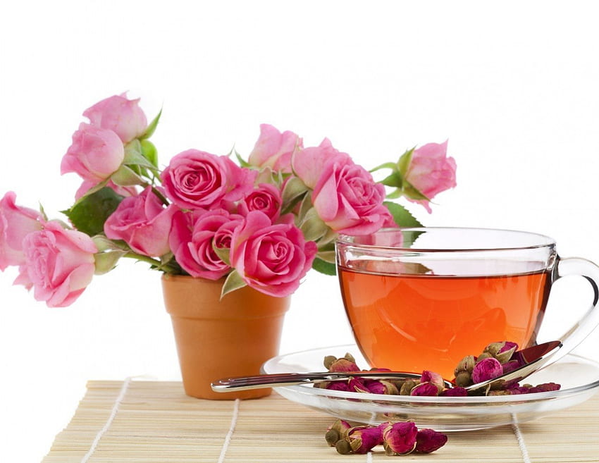 Sweet rose tea for Charismatic, sweet, bouquet, tea, roses, pink roses, still life, delicate, petals, flowers, cup of tea HD wallpaper