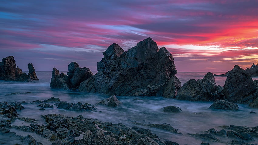 rocky coast, nature, sunset, , , background, a7a1c1 HD wallpaper