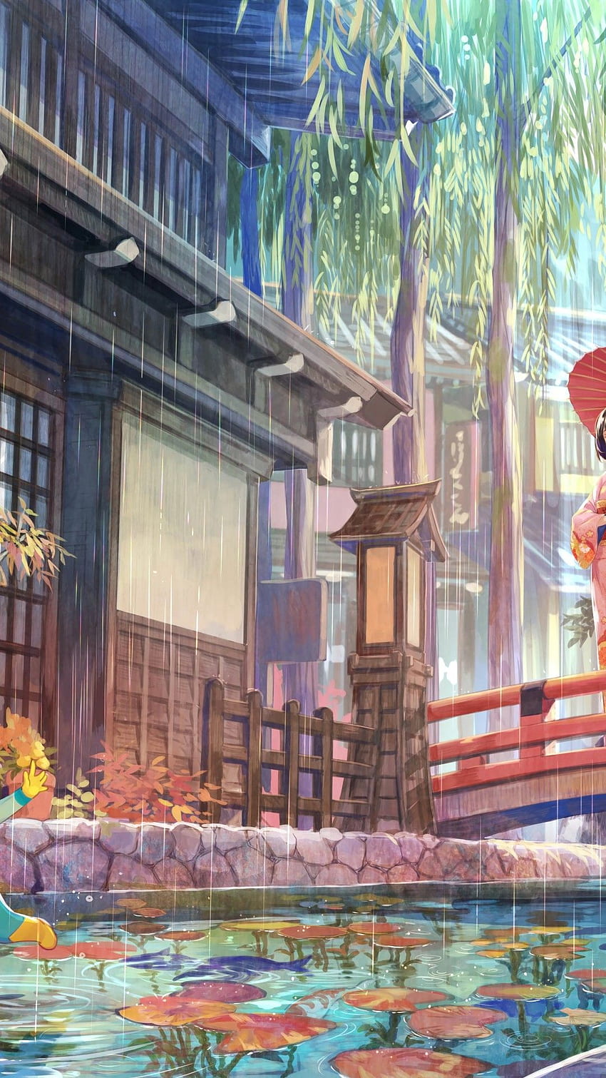Аниме момиче, кимоно, традиционна японска къща, японски анимационен филм HD тапет за телефон