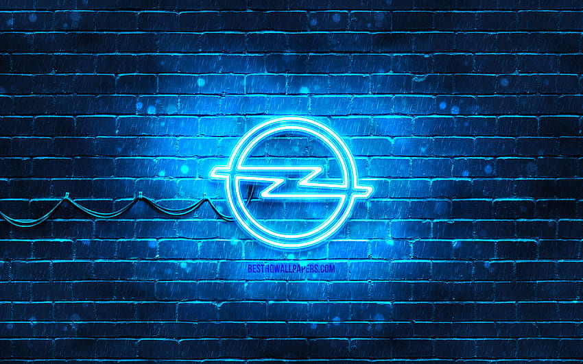 Logotipo azul de Opel, pared de ladrillo azul, logotipo de Opel, marcas de automóviles, logotipo de neón de Opel, Opel fondo de pantalla