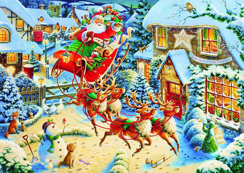 Santa's Flying Visit, artwork, snowman, sleigh, reindeer, firs, snow, houses, village HD wallpaper