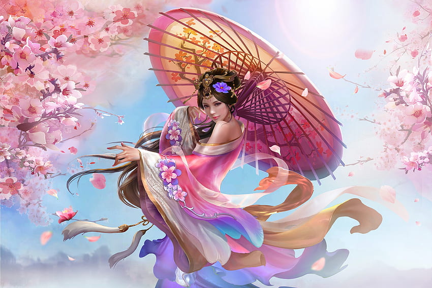Момиче с чадър, frumusete, прекрасно, чадър, момиче, xiao liang, пролет, превъзходно, вятър, розово, фантазия, цвете, сакура, luminos HD тапет