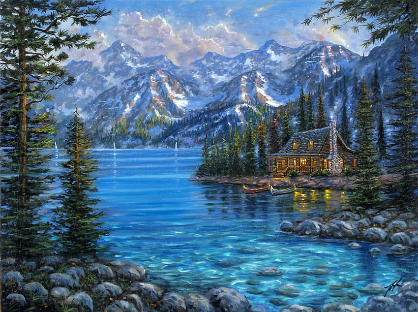 Mountain Cabin Painting, azul, cabaña, cima, montaña, nieve, río, pintura fondo de pantalla