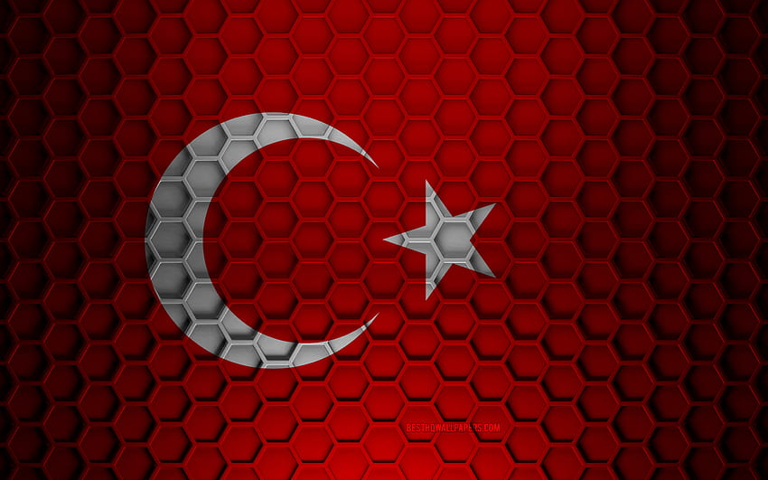 Drapeau de la Turquie, texture d'hexagones 3d, Turquie, texture 3d, drapeau de la Turquie 3d, texture en métal, drapeau de la Turquie Fond d'écran HD