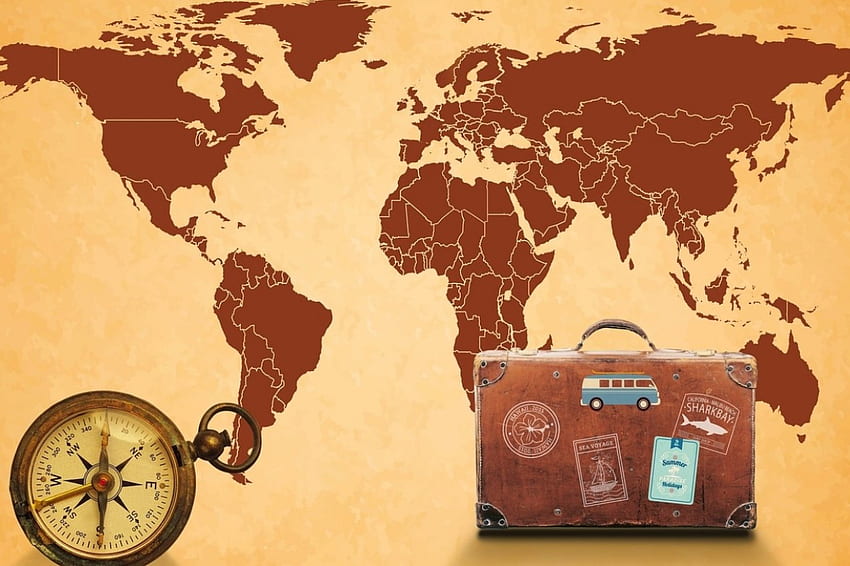 Map of the World, suitcase, old, brown, countries, compass, world, map, travel HD wallpaper