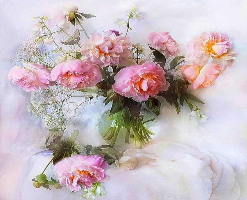 Natureza morta para minha amiga Monarca (Cherie), colorido, cor, peônias, vaso, primavera, beleza, natureza morta, rosa, delicado, frescor, natureza, flores papel de parede HD