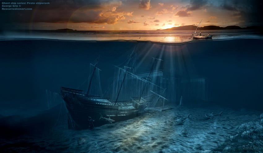 Seri Kapal Hantu Bangkai Kapal Bajak Laut Surreal Art Print - Deep Sea Wallpaper HD