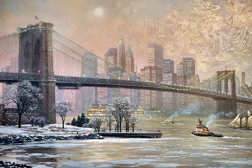Brooklyn Bridge F, river, winter, skyline, architecture, art, USA, beautiful, artwork, scenery, wide screen, New York City, painting, New York, snow, bridge, tugboat HD wallpaper