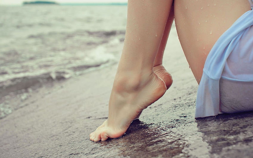 mulheres, pés, água, descalço, dedos dos pés, praia, molhado papel de parede HD