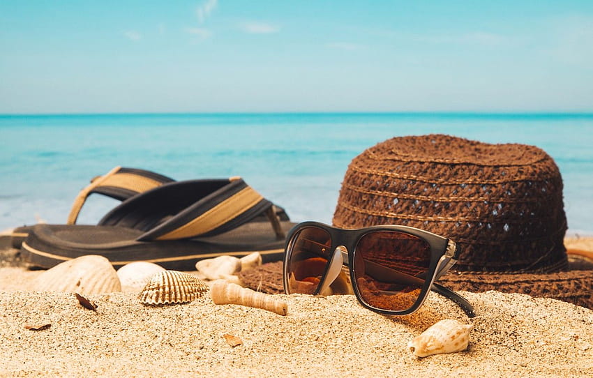 sand, sea, beach, summer, stay, hat, glasses, Beach Sunglasses HD wallpaper