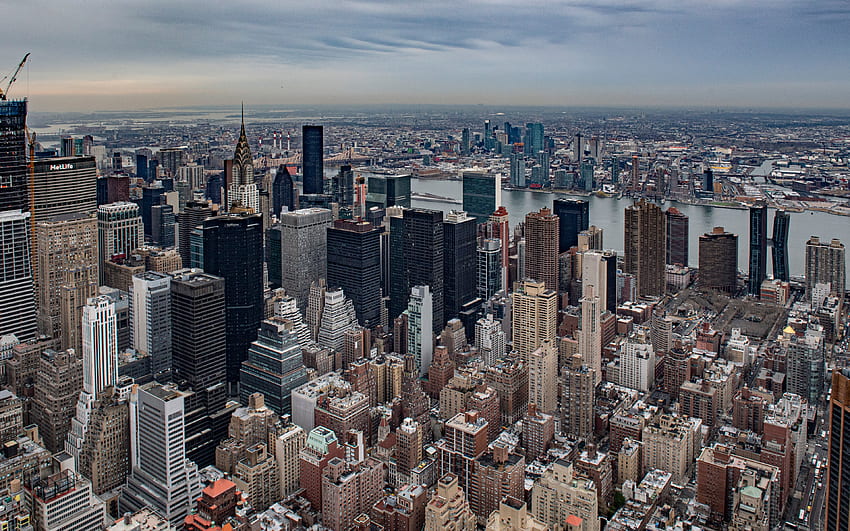 Ню Йорк, вечер, облачно време, Емпайър Стейт Билдинг, небостъргачи, панорама на Ню Йорк, Манхатън Ню Йорк, САЩ HD тапет