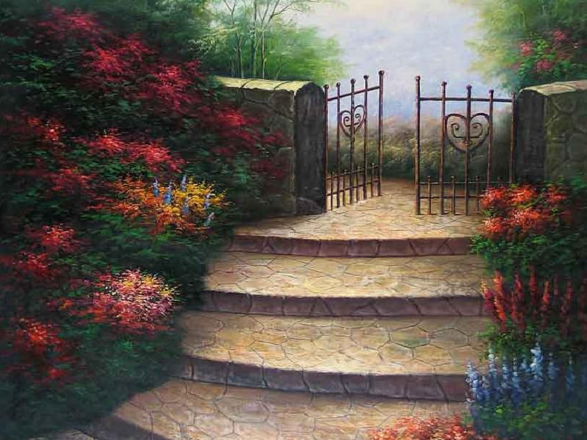 Garden of Promise, gate, steps, trees, garden, flowers HD wallpaper
