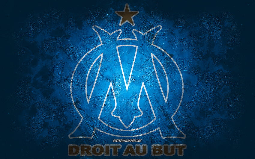 Olympique Marsylia, francuska drużyna piłkarska, niebieskie tło, logo Olympique Marsylia, Ligue 1, Francja, piłka nożna, emblemat Olympique Marsylia Tapeta HD