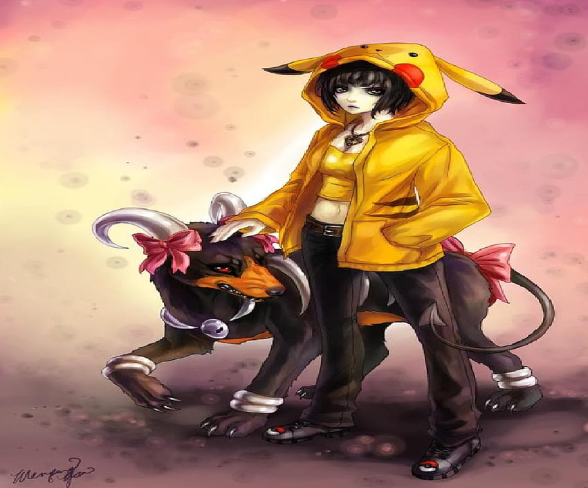 poki girl, chien de chasse, des arcs, pikachu, terrifiants, pokemon Fond d'écran HD