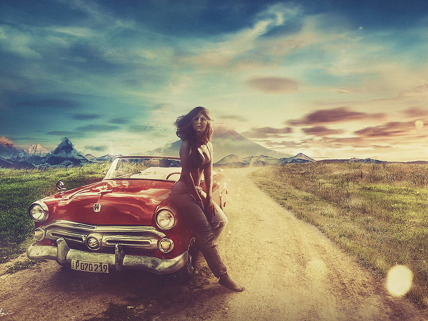 Hot girl, Vintage car, Landscape, Warm, , Fantasy, Warm Nature HD wallpaper
