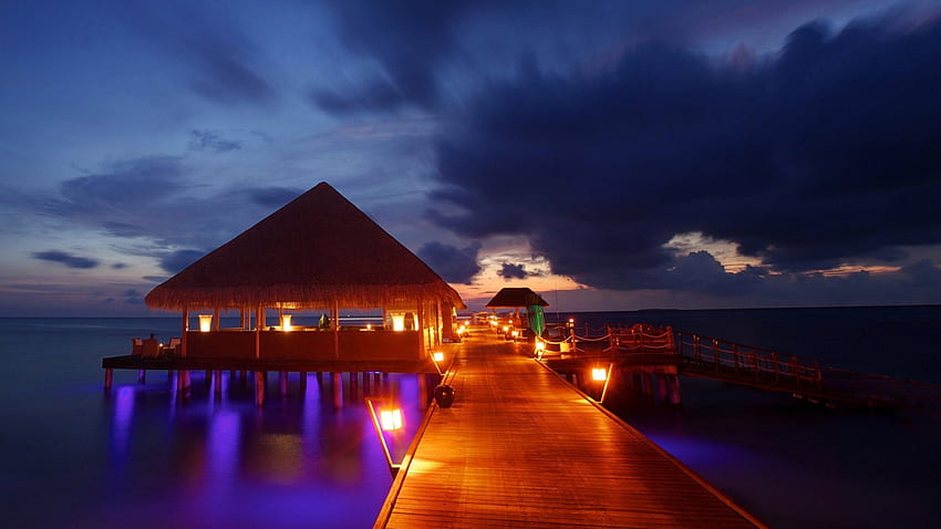 Maldives Night Pier Lights, night, tropic, tropical, pier, maldives, vacation, beach, holiday, dock, ocean, sea, lamps, paradise, summer, SkyPhoenixX1, lights, hut, nature, evening HD wallpaper