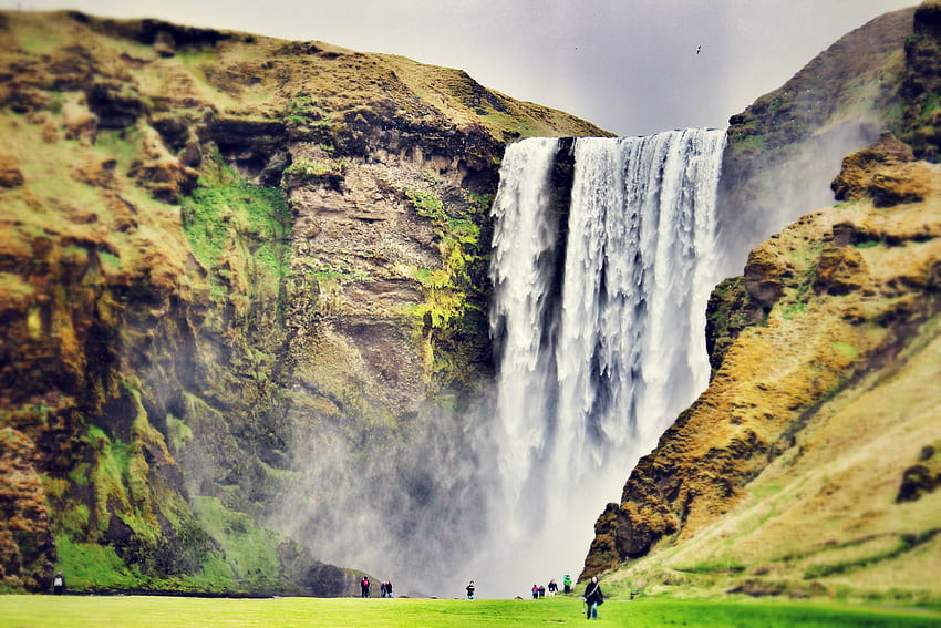Landschaft, Menschen, Natur, Wasserfall, Island, Skogafoss HD-Hintergrundbild