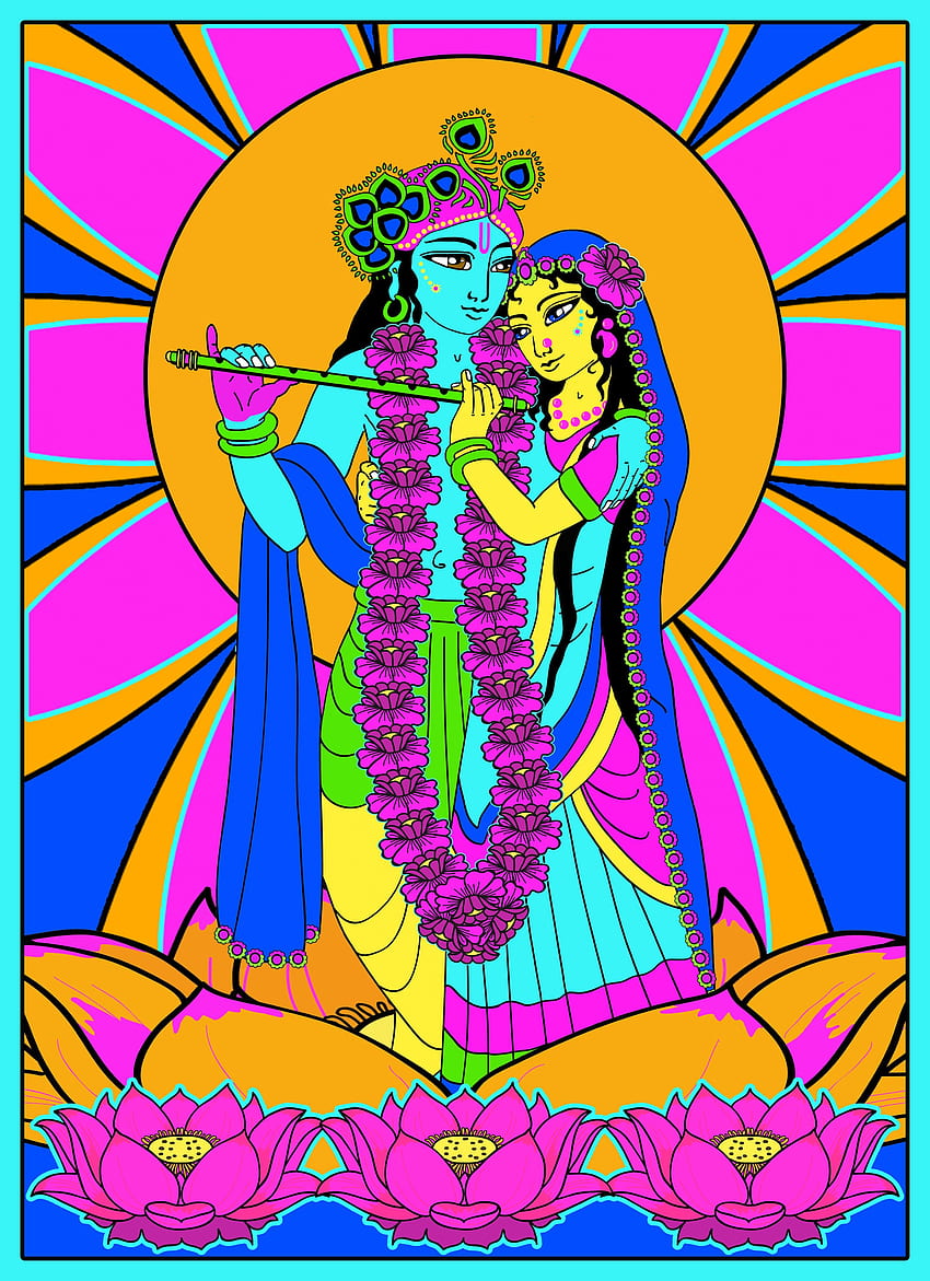 Shri Radha Krishna su un fiore di loto. Arte di Krishna, arte, pittura di Madhubani Sfondo del telefono HD