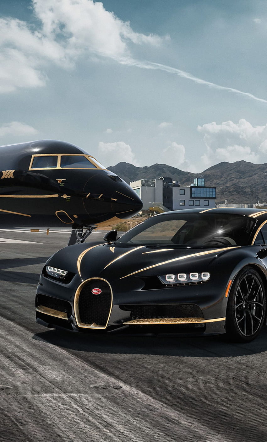 Bugatti Chiron i prywatny odrzutowiec iPhone, , tło oraz odrzutowiec i samochód Tapeta na telefon HD