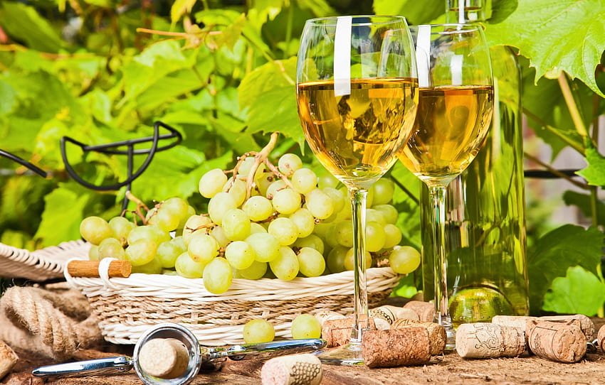 basket, grapes, tube, corkscrew, white wine for , section еда HD wallpaper