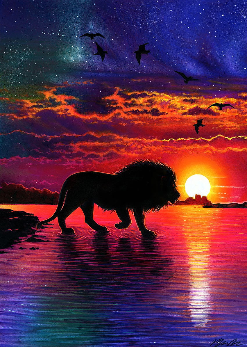 色鉛筆ミクストメディアドローイング. 夕焼け、ライオン、涼しげな風景を描く HD電話の壁紙