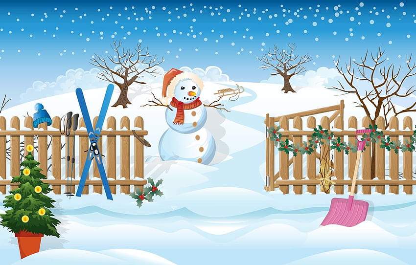 겨울, 하늘, 나무, 모자, , 스키, 울타리, 그래픽, 벡터, 스카프, 예술, 크리스마스, 눈, 새해, 냄비, 눈사람, 섹션 новый год HD 월페이퍼