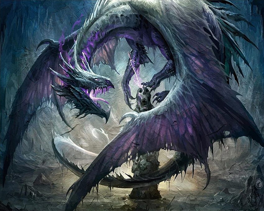 Peinture murale de fond de colonne de pierre squelette de dragon noir peinte à la main sur mesure. Revêtements muraux en tissu et textile, Dragon noir et violet Fond d'écran HD