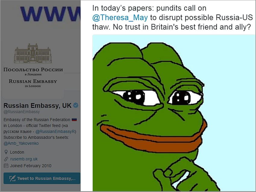 L'ambasciata russa a Londra colpisce Theresa May con il meme Pepe the Frog del 