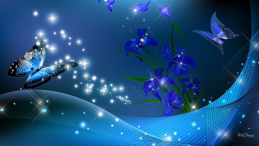 Iris So Blue, blue, iris, glow, stars, spring, butterflies, waves, bright, sparkle, flowers HD wallpaper