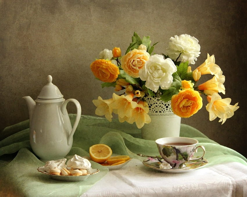 Still life, tea, floral, teatime, abstract, petals, lemon, saucer, white, roses, other, vase, fruits, cup, drinks, arrangement, yellow, porcelain HD wallpaper