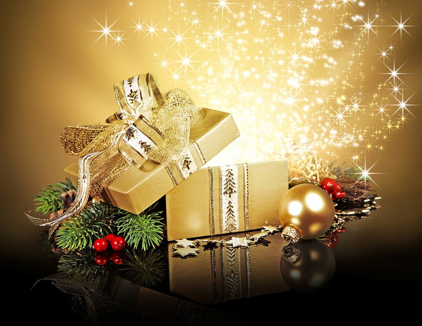 Golden Xmas, emas, dekorasi, kotak, natal, hadiah, xmas Wallpaper HD