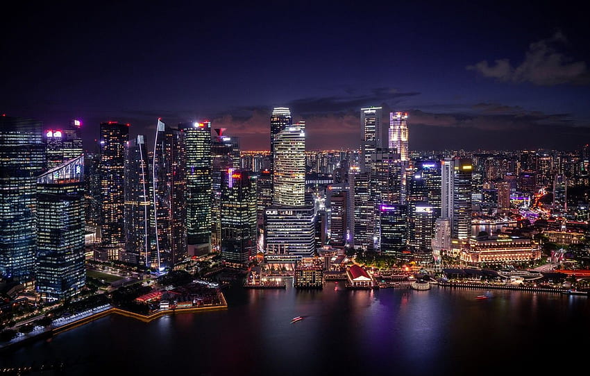 ciudad, luces, costa, agua, desenfoque, Singapur, edificios, arquitectura, rascacielos, paisaje urbano, altura, ciudad de noche, puerto deportivo, vista aérea, u , luces de la ciudad para, sección город - fondo de pantalla