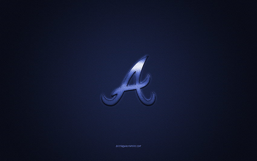 Godło Atlanta Braves, amerykański klub baseballowy, niebieskie logo, niebieskie tło z włókna węglowego, MLB, Atlanta Braves Insignia, baseball, Atlanta, USA, Atlanta Braves Tapeta HD