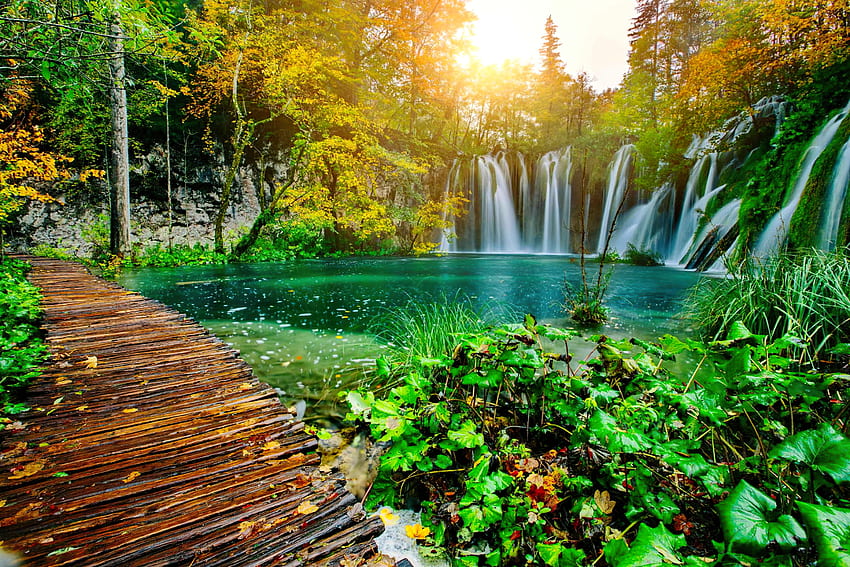 Plitvice NP, parque nacional, esmeralda, Plitvice, luz solar, cascada, bosque, lago, Eslovenia, hermoso fondo de pantalla