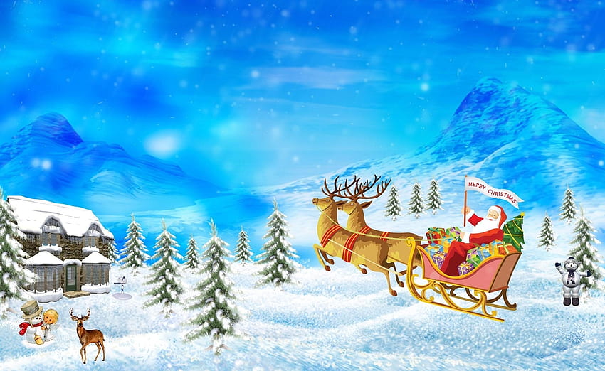 휴일, 산, 산타클로스, Deers, 크리스마스, 휴일, 하우스, 썰매, 선물 HD 월페이퍼
