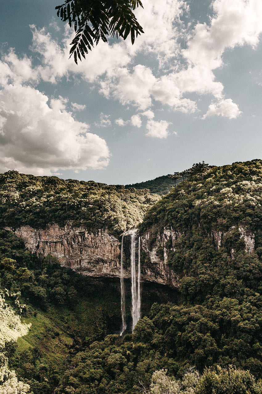 Nature, Trees, Sky, Clouds, Waterfall, Break, Precipice HD phone wallpaper