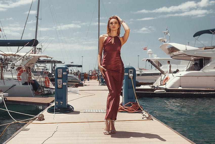 Alena Kuznetsova, gown, blonde, red, boat, model, dock HD wallpaper