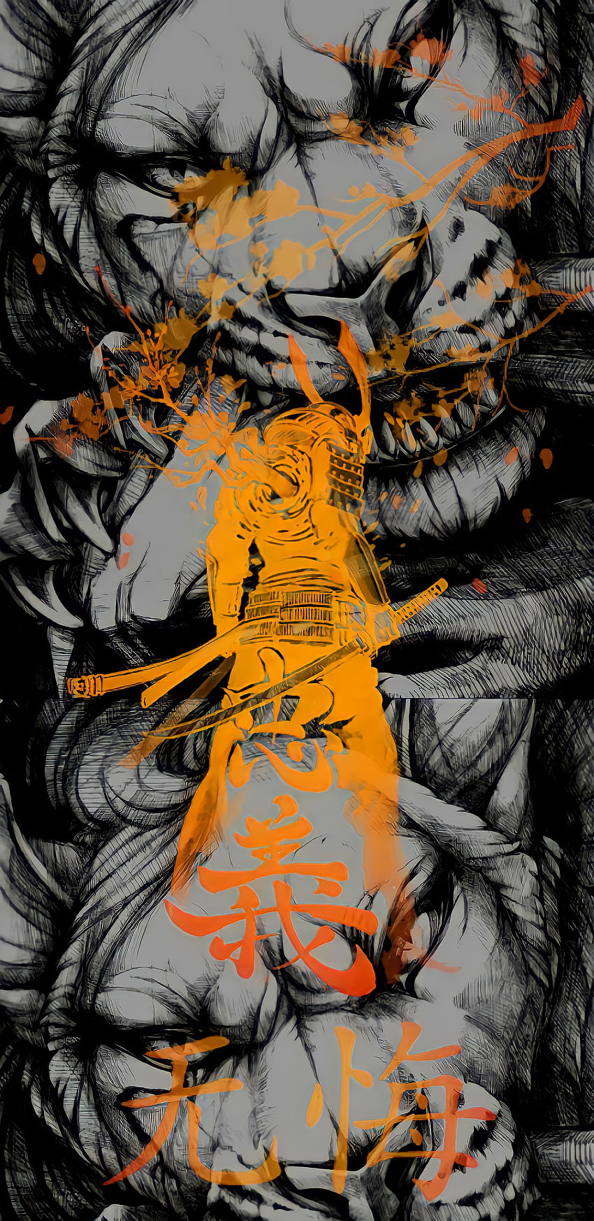 Samurai, orange, art HD phone wallpaper