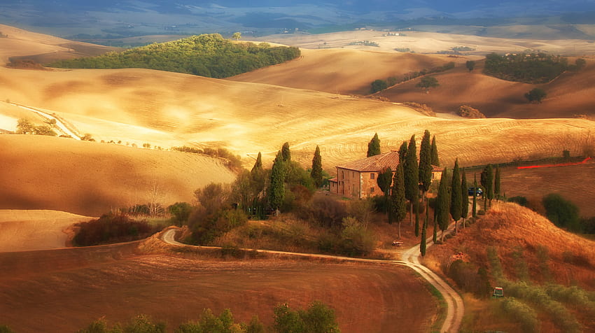 Toskana, Feld, Haus, Bäume, Italien / und mobiler Hintergrund, italienische Villa HD-Hintergrundbild
