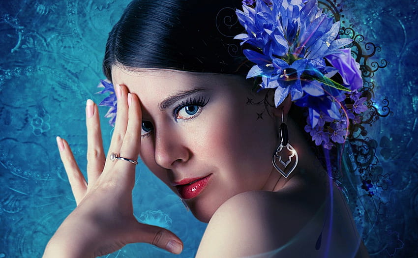 Fille, bleu, modèle, maquillage, fleur, femme Fond d'écran HD