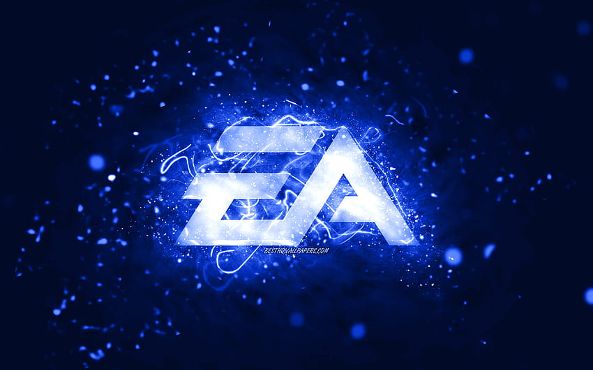 Тъмносиньо лого на EA GAMES, , Electronic Arts, тъмносини неонови светлини, творчески, тъмносин абстрактен фон, лого на EA GAMES, онлайн игри, EA GAMES HD тапет
