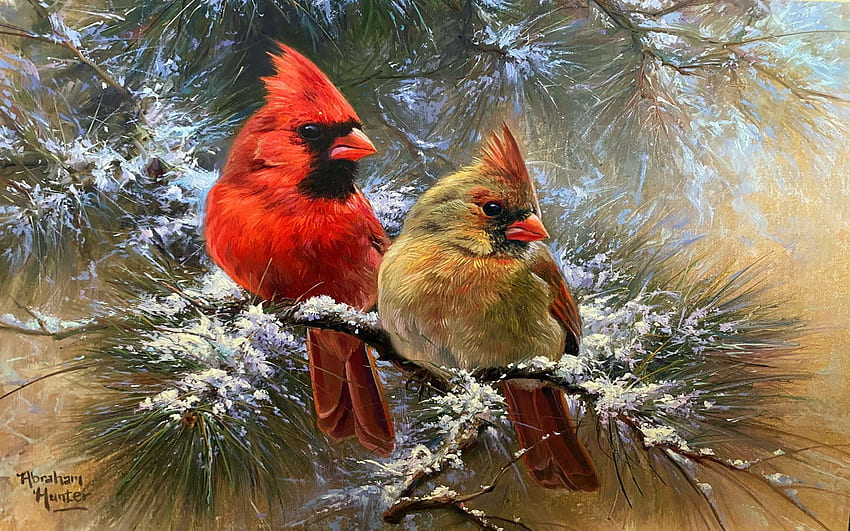 Cardinaux dans un arbre de Noël, œuvres d'art, hiver, oiseaux, neige, peinture Fond d'écran HD