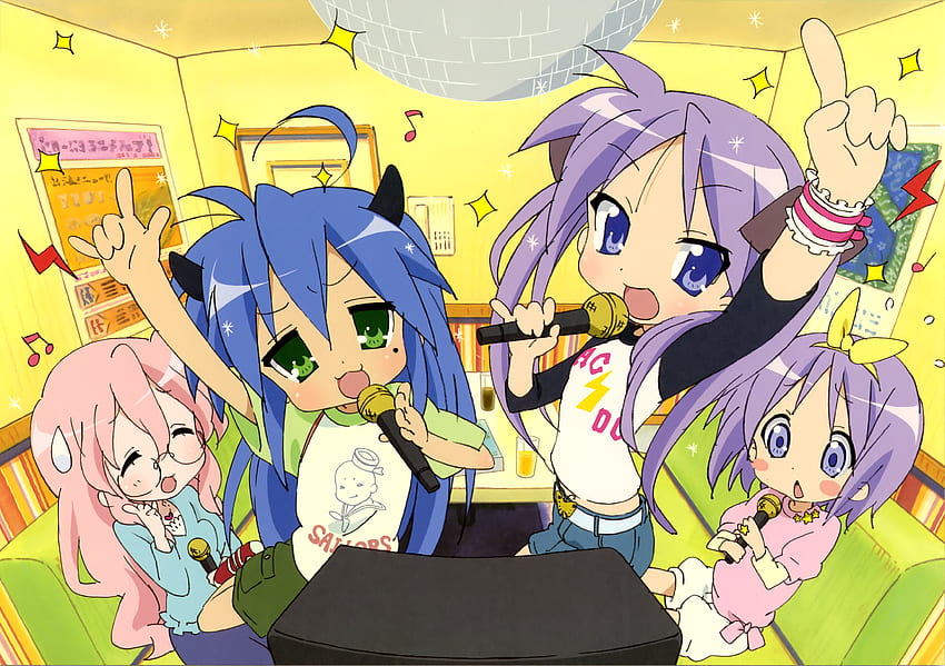 Lucky Star Karaoke, tsukasa, estrella de la suerte, ojos azules, cinta, miyuki, cabello largo, colas gemelas, karaoke, kagami, konata, ojos verdes fondo de pantalla
