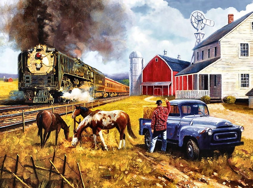Farm by the Line F2, кон, изкуство, ферма, двигател, влак, красива, илюстрация, произведения на изкуството, широк екран, , коне, релси, локомотив, железопътна линия HD тапет